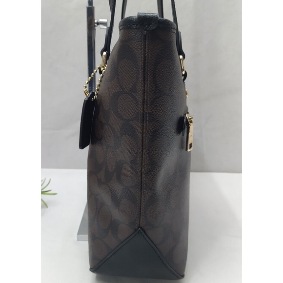 Coach Signature Brown Leather Double Handle Zipper Closure Tote Shoulder Bag - Picture 5 of 16